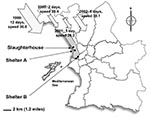 Thumbnail of Study sites in Marseilles. The cumulative number of days, strength of the mistral measured as a mean of the daily recorded maximum mistral speed in km/h, and direction of the wind during the month that followed the Aid El Khebir, shown by year.