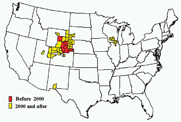 Chronic wasting disease among free-ranging deer and elk by county, United States.
