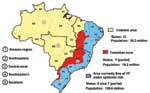 Thumbnail of Regions where yellow fever is endemic in Brazil.