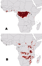 Distributional summary of A) Ebola and B) Marburg viruses, with predicted distributions based on ecologic niche models of outbreak coordinates (13). Darker shades of red represent increasing confidence in prediction of potential presence. Disease outbreaks attributed to various filovirus species are represented as follows: open square, Ebola Ivory Coast, open circle, Ebola Zaire, open triangle, Ebola Sudan, dotted square, Marburg.