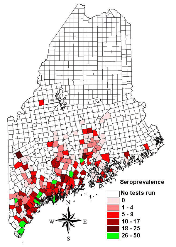 Canine Lyme disease seroprevalence rates based on the IDEXX 3Dx test for minor civil divisions with ≥10 tests, Maine, 2003.