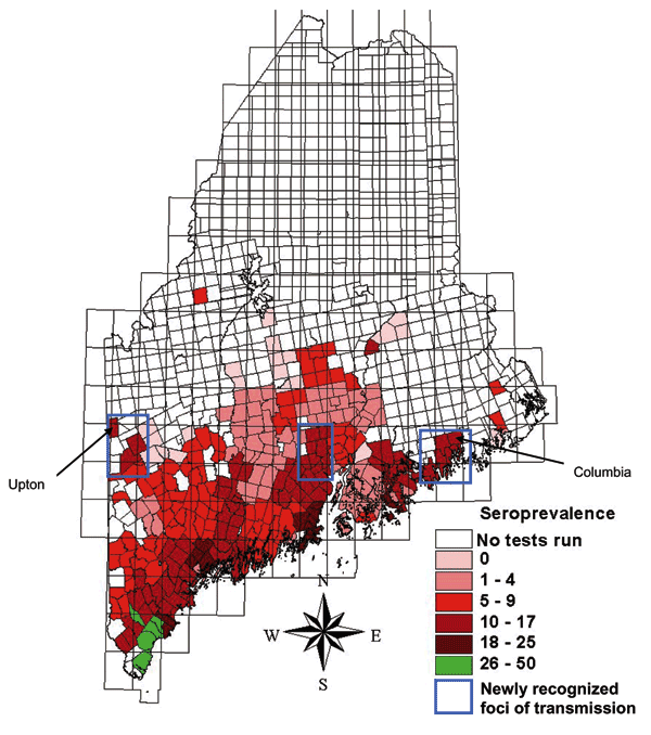 Regional canine Lyme disease seroprevalence rates calculated from minor civil division pools created within 15-minute quadrangles, Maine, 2003.