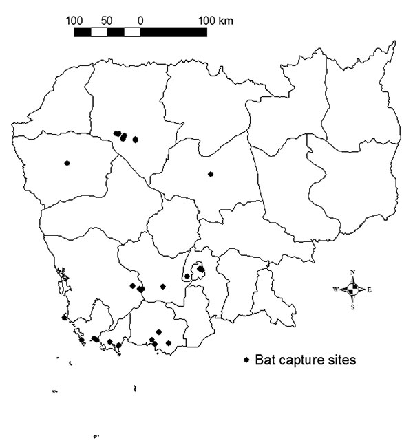 Location of bat capture sites during a survey on lyssavirus infection in bats in Cambodia, September 2000–May 2001.