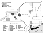 Thumbnail of New York counties with laboratory-confirmed cases of human West Nile virus disease, 2001–2003.