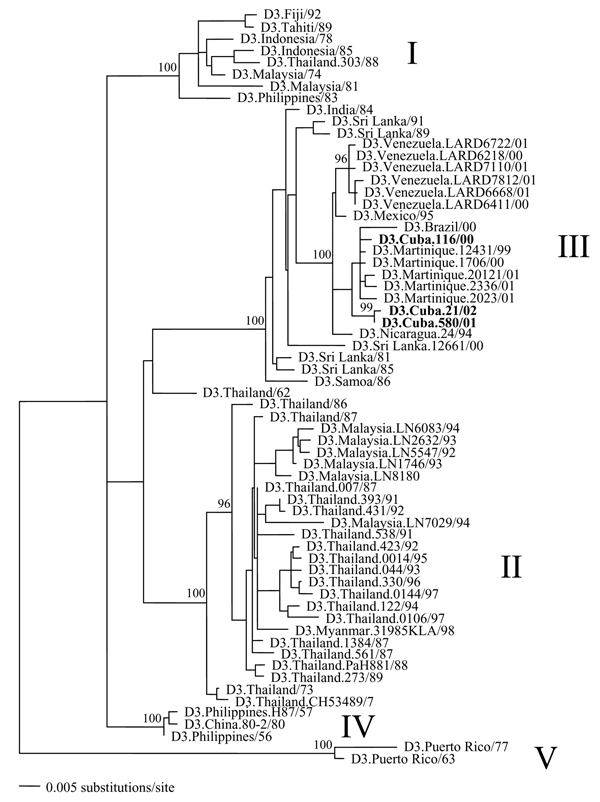 Maximum likelihood (ML) phylogenetic tree showing the evolutionary relationships among the E gene sequences of 64 strains of DENV-3. All branch lengths are drawn to scale, and tree was rooted using strains from the Puerto Rico 1960s epidemic, which always appear as the most divergent. Bootstrap support values are shown for key nodes only; the Cuban isolates are designated by bold type. See Table A1 for GenBank accession numbers of the other DENV-3 strains used in this analysis.