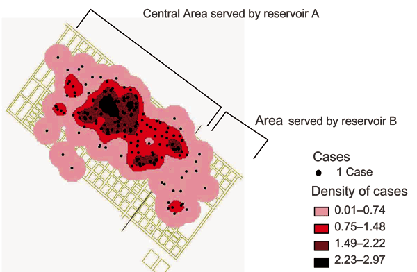 Spatial distribution in km2 of the 176 cases that met the case definition. The number of cases is higher in the central area than in the periphery. The reservoir tanks served 2 different parts of the city as depicted by the letters A and B. Water samples from reservoir B, which was considered not implicated in the outbreak, were not investigated; during the water sample collection period (January 9–18), there were no identified household tanks served by reservoir B that had stored water that had