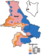 Thumbnail of Map of Kenya showing the Nandi and Kericho districts.