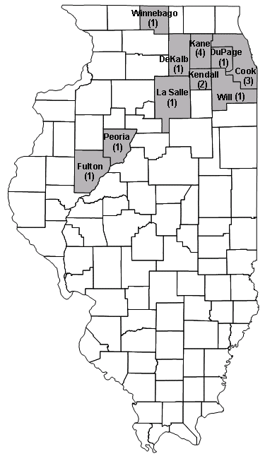 County of residence of reported myocarditis case-patients (N = 16), northern Illinois, 2003.