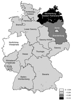 Thumbnail of Regional distribution of leptospirosis in Germany, 1997–2003. Incidence per 100,000 population.