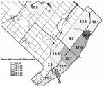 Thumbnail of Calculated incidence of human West Nile virus (WNV) cases in south Halton, 2002. The incidence was 47 cases per 100,000 in the L6L forward sortation area (FSA) and 54 cases per 100,000 in the LKL FSA.