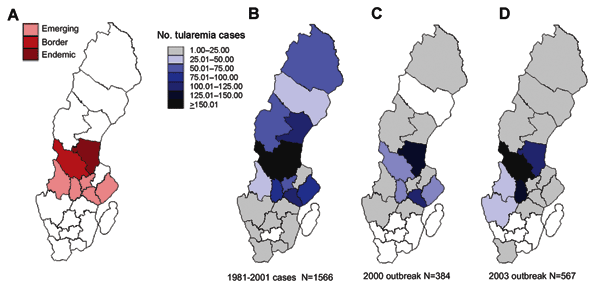 Tularemia cases by county of probable infection, Sweden. A) Areas in analysis by Eliasson et al. B) 1981–2001 cases (N = 1,566). C) 2000 outbreak (N = 384). D) 2003 outbreak (N = 567). White areas indicate no reports.