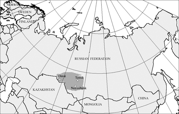 Areas where ticks were collected. Omsk, Tomsk, and Novosibirsk regions are shaded.