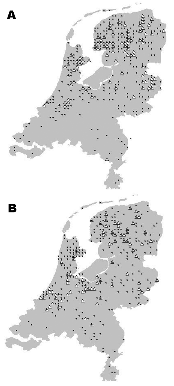 Location of serotine bat, Eptesicus serotinus, with positive (triangles) and negative (dots) test results for European bat lyssaviruses, the Netherlands; A)1984–1989; B)1990–2003.