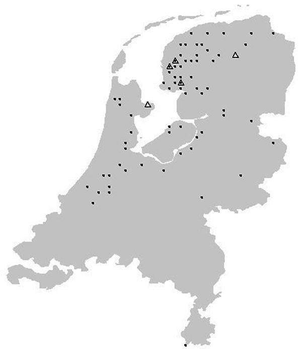 Location of pond bat, Myotis dasycneme, with positive (triangles) and negative (dots) test results for European bat lyssaviruses, the Netherlands, 1984–2003.