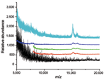 Thumbnail of Mass spectroscopic analysis of sterile saline flush syringes after routine use. The contents of the used syringes were concentrated by centrifugation. Matrix-assisted laser desorption ionization detected the α and β chains of hemoglobin as the ions at mass/charge (m/z) 15,126 and 15,867, respectively, in samples A (red), B (green), C (blue), and J (aqua) that were absent in the matrix alone (black). The lower limit of sensitivity with matrix-assisted laser desorption ionization is ≈