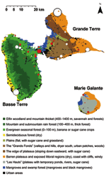 Thumbnail of Ecologic map of Guadeloupe and West Nile virus (WNV)-positive equine centers. Basse Terre (southwest) is mainly mountainous (volcanic, highest point 1,467 m) and wet. Grande Terre (northeast) is flat (mainly &lt;100 m) and dry. Marie Galante is flat (plateaus &lt;200 m) but has more water than Grande Terre. The ecologic map was derived from "Carte écologique de la Guadeloupe," created by Alain Rousteau, University Antilles-Guyane. Equine centers with WNV-seropositive equines are rep