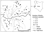 Thumbnail of Distribution of residents sampled for Plasmodium prevalence, Iguhu village, Kakamega district, western Kenya.