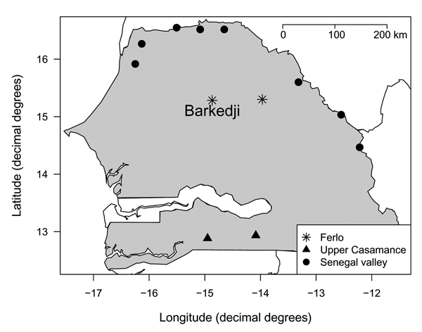 Location of the study of Rift Valley fever serologic incidence (Barkedji) and sentinel herds of the national surveillance system during the 2003 rainy season in Senegal.
