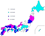 Thumbnail of Average number of VTEC cases per 100,000 population per year in each of 47 prefectures from 1999 to 2004, Japan.