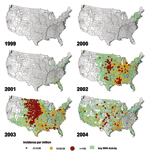 Thumbnail of Reported incidence of neuroinvasive West Nile virus disease by county, United States, 1999–2004. Reported to Centers for Disease Control and Prevention by states through April 21, 2005.