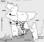 Thumbnail of Map of Bangladesh with bat surveillance regions indicated (circles).