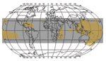 Thumbnail of Worldwide distribution of ciguatera. Gray indicates coral reef regions located between 35° north and 35° south latitudes; brown indicates disease-endemic areas of ciguatera; red circle indicates Canary Islands (latitude 28°06´ north, longitude 15°24´ west. Source: refs 4. and 5.