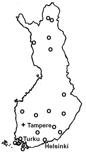 Map of Finland; circles indicate distribution of waterborne norovirus outbreaks, 1998–2003.