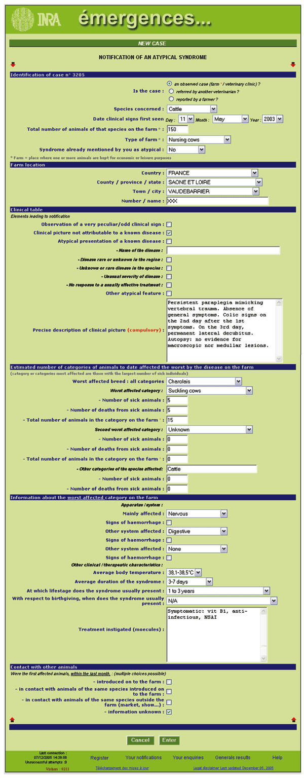 Sample of online form reporting epidemiologic and clinical data.