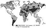 Thumbnail of Global distribution of zoonotic strains of Echinococcus granulosus. (Adapted from Eckert and Deplazes, 2004 (1). Copyright Institute für Parasitologie, Universität Zürich; used with permission.)