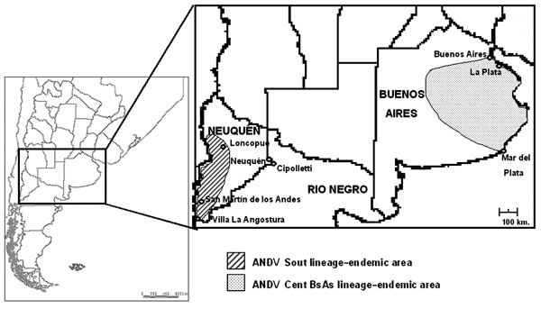 Location of residences and possible sites of exposure of hantavirus pulmonary syndrome patients in the provinces of Buenos Aires and Neuquén and Andes virus (ANDV)–endemic regions, 2002.