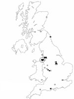 Thumbnail of Cases of tetanus in injecting drug users by residence (25 cases) and place from which heroin was supplied (14 cases with information), United Kingdom, July 2003–September 2004. The large circle indicates the Liverpool area. Squares indicate the residence of patients for whom the origin of heroin was not reported, open circles indicate the residence of patients for whom the origin of heroin was reported, and solid circles indicate the origin of heroin.