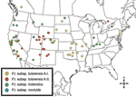 Thumbnail of Spatial distribution of 125 Francisella tularensis isolates for which information on originating county was available. Locations (colored circles) correspond to county centroids. More than 1 subspecies was isolated from some counties in California (Alameda, Contra Costa, Los Angeles, San Luis Obispo, and Santa Cruz) and Wyoming (Natrona) (see Figures 1–3). In some cases, a single circle may represent instances where &gt;1 sample of a given subspecies or genotypic group was isolated 