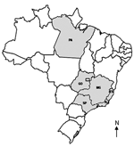 Thumbnail of Brazilian states where vaccinia viruses were isolated. ES, Espírito Santo State: Espírito Santo isolates in 2004 (unpublished); GO, Goiás State: Goiás isolates after 2001 (3); MG, Minas Gerais State: Belo Horizonte virus in 1993 (15), Minas Gerais isolates after 2001 (3), Passatempo virus in 2003; PA, Pará State: BeAn 58058 virus in 1963 (6); RJ, Rio de Janeiro State: Cantagalo virus in 1999 (2); SP , São Paulo State: SPAn232 virus in 1979 (14), Araçatuba virus in 1999 (1), São Paul