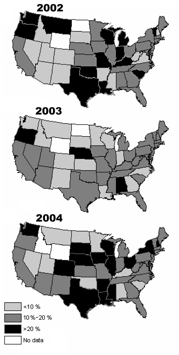 Canine leptospirosis microscopic agglutination test results shown as the percentage positive and standard error, by state and year from 2002–2004. A test was considered positive if the titer for any serovar was &gt;400 for Autumnalis, Bratislava, Canicola, Grippotyphosa, Icterohaemorrhagiae, Pomona, or Hardjo serovars.