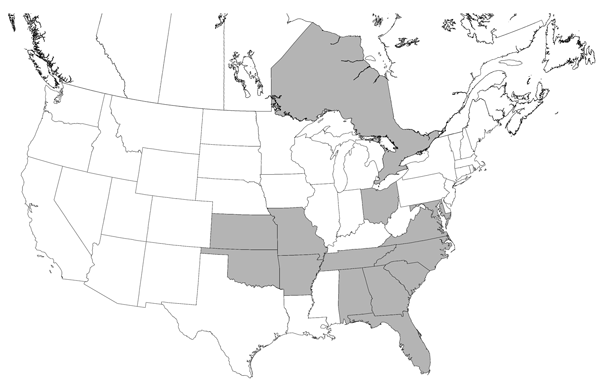 Distribution of hunt clubs with Trypanosoma cruzi–positive hounds, United States and Canada. States in which hunt clubs or kennels had &gt;1 dog infected with T. cruzi are shaded. A T. cruzi–positive hunt club was also found in Ontario.