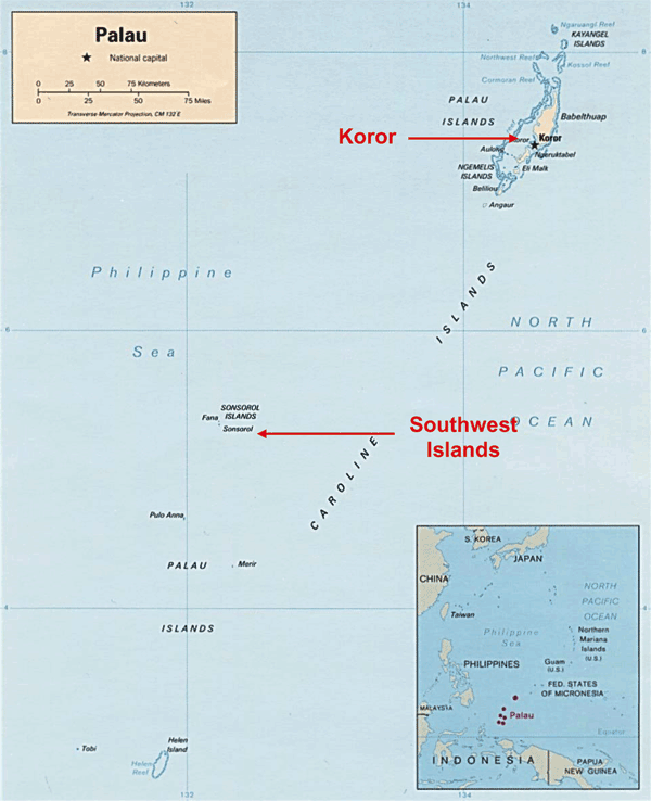 The Palau Islands. Map courtesy of the Central Intelligence Agency, 2004 (available from http://www.cia.gov/cia/publications/factbook/geos/ps.html).
