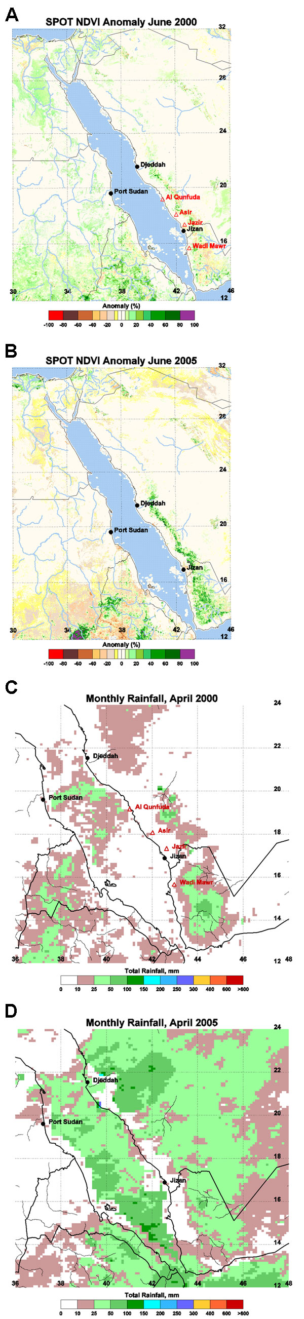 Figure A1. Systeme Probatoire pour l'Observation de la Terre vegetation sensor 1 km normalized difference vegetation index (NDVI) anomaly images of the Arabian Peninsula region during June 2000 (A) and June 2005 (B). Data are the percentage deviation from the long-term mean calculated for the period January 1999–June 2005 in NDVI units. A value of zero indicates that current values are identical to the 1998–2005 mean. Rift Valley fever virus was isolated in the Al Qunfuda, Asir, and Jazir areas
