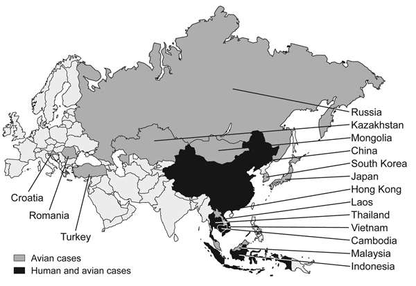 H5N1 cases in Asia, 2004–2005, among birds (dark gray) and humans (black) (1). A total of 137 laboratory-confirmed cases, including 70 deaths, occurred. This total includes 22 human cases and 14 deaths in Thailand, 93 human cases and 42 deaths in Vietnam, 4 human cases and 4 deaths in Cambodia, 13 human cases and 8 deaths in Indonesia, and 5 human cases and 2 deaths in China (1). A total of 137 laboratory-confirmed cases, including 70 deaths, occurred. This total includes 22 human cases and 14 d
