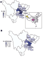 Thumbnail of Figure 3. Geographic distribution of Streptococcus suis cases in Sichuan Province, China, relating to (A) all reports, and (B) 66 laboratory-confirmed cases alone (as of August 18, 2005).