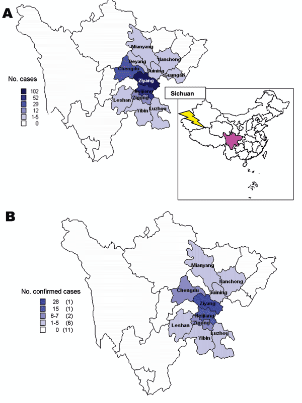 Figure 3. Geographic distribution of Streptococcus suis cases in Sichuan Province, China, relating to (A) all reports, and (B) 66 laboratory-confirmed cases alone (as of August 18, 2005).