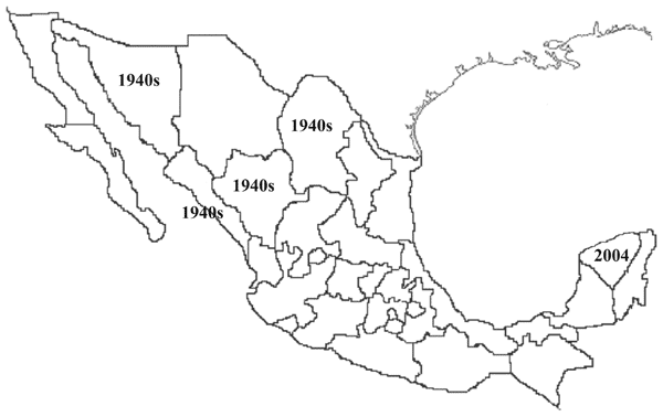 Map of Mexico showing the period and regions where human cases caused by Rickettsia rickettsii were detected.