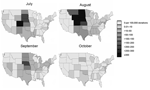 Thumbnail of Yield of minipool–nucleic acid testing of blood donors for West Nile virus RNA by state and month, 2003.