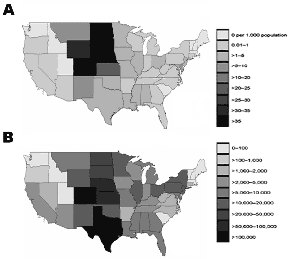 A) Projected number of West Nile virus (WNV) infections per 1,000 persons. B) Estimated total number of WNV infections per state during 2003 epidemic season.