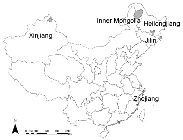Study sites, People's Republic of China, 2004–2005.