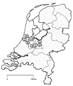 Thumbnail of Location of the hospitals with outbreaks of Clostridium difficile–associated diarrhea in the Netherlands. The numbers correspond with those in the Table.