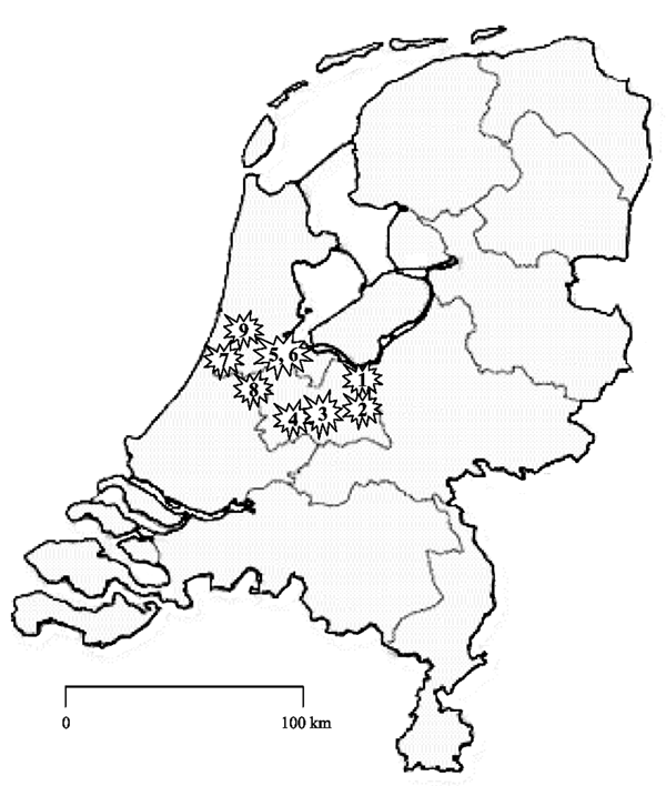 Location of the hospitals with outbreaks of Clostridium difficile–associated diarrhea in the Netherlands. The numbers correspond with those in the Table.