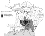 Thumbnail of Sleeping sickness incidence, southeastern Uganda, 1976–1979, by subcounty. Circle indicates a significant space-time cluster at the 95% confidence level, as detected by the space-time scan test. See Table for scan test results.