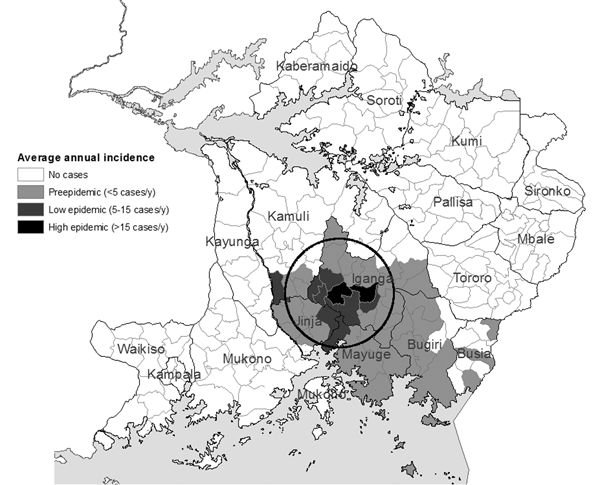 Sleeping sickness incidence, southeastern Uganda, 1976–1979, by subcounty. Circle indicates a significant space-time cluster at the 95% confidence level, as detected by the space-time scan test. See Table for scan test results.