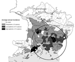 Thumbnail of Sleeping sickness incidence in southeastern Uganda, 1989–1997, by subcounty. Circle indicates a significant space-time cluster at the 95% confidence level, as detected by the space-time scan test. See Table for scan test results.