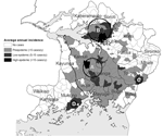 Thumbnail of Sleeping sickness incidence in southeastern Uganda, 1998–2003, by subcounty. Circles indicate significant primary (A) and secondary (B, C, and D) space-time clusters at the 95% confidence level, as detected by the space-time scan test. Letters correspond to cluster results in Table. See Table for scan test results.